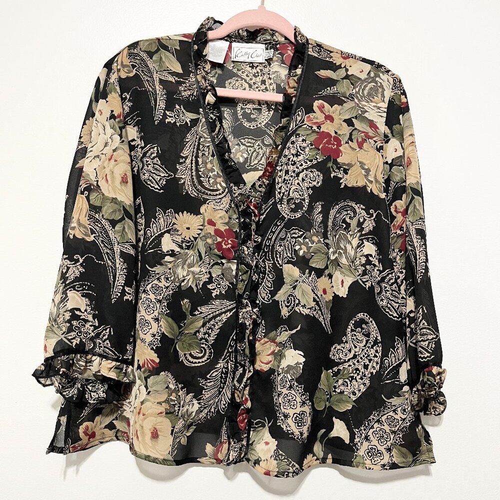 Womens Chiffon Ruffle Blouse 18 Paisley Dark Floral Fairy Grunge Twee Secretary